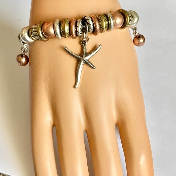 Gold Silver Copper Starfish Sea Life Charm Bracelet 7-8.5" Plus Size Plated - Picture 4 of 10